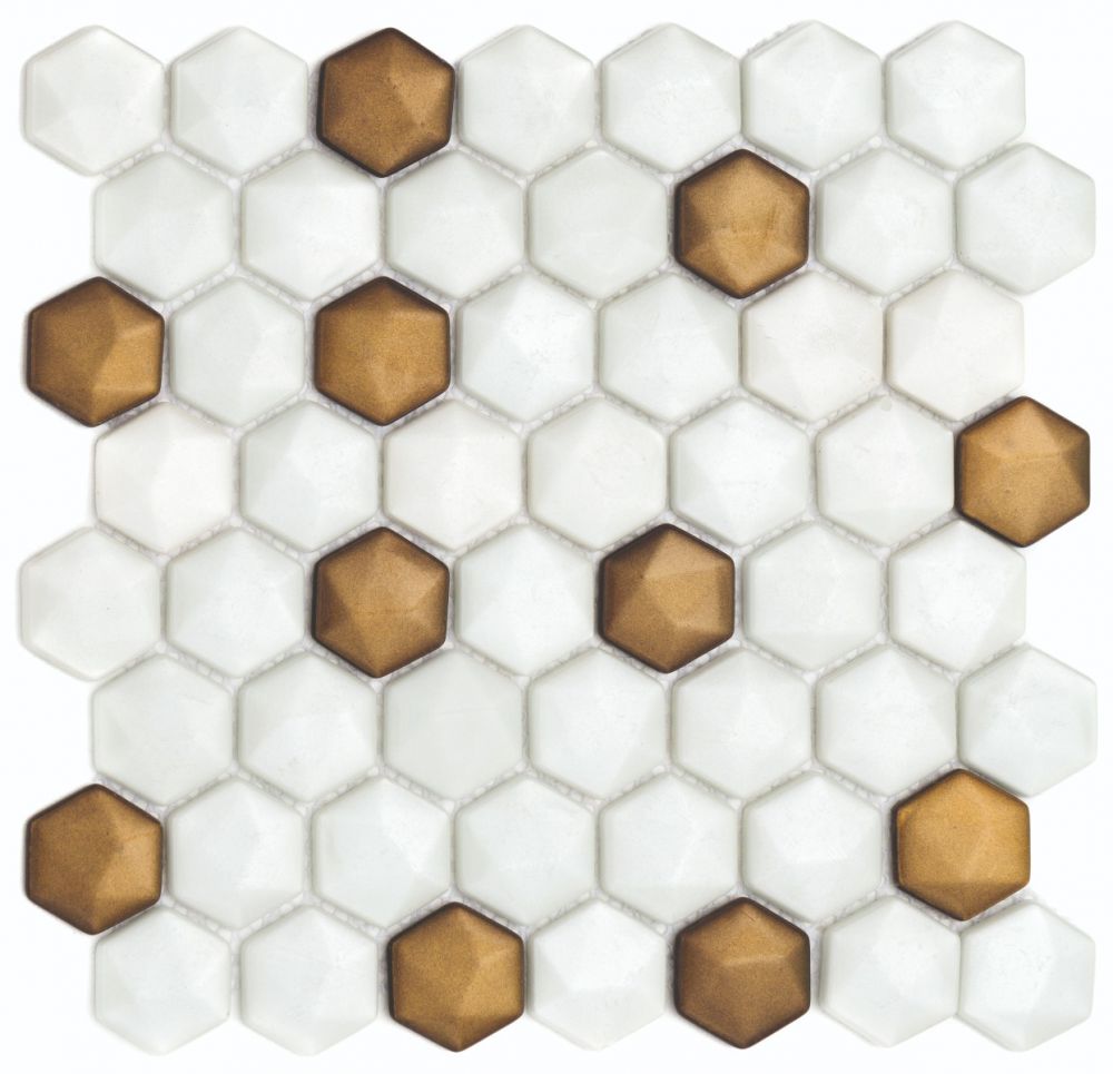 Glass Hexagon White/Gold Glossy 30x29